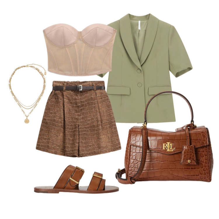 Outfit donna - Giugno. Stile Glamour per Tutti i giorni. Abbinamento con blazer, top, bermuda, ciondoli, sandali in pelle, borse a mano.