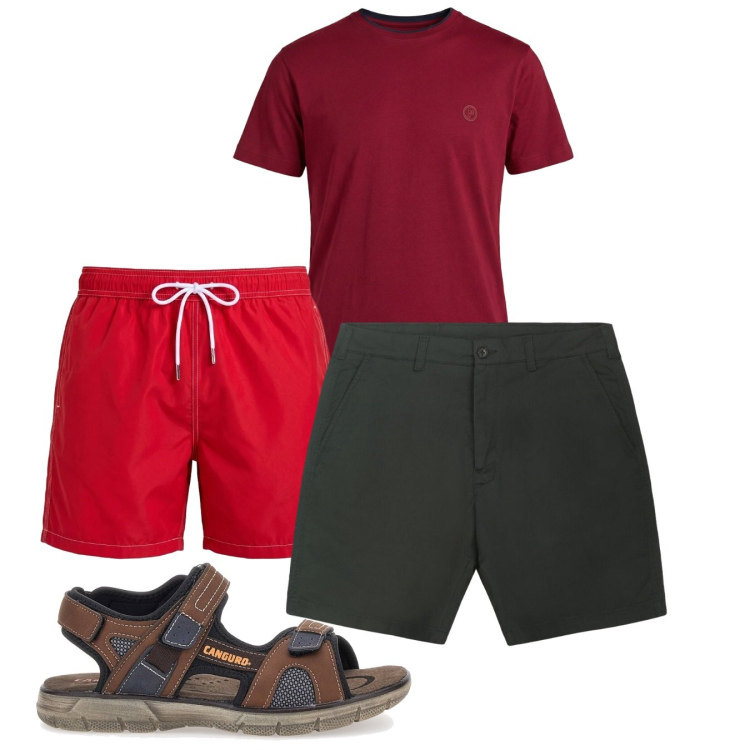 Outfit uomo - Rosso estate. Stile Casual per Mare. Abbinamento con t-shirt, costumi, bermuda, sandali.