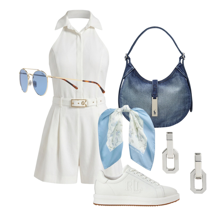 Outfit donna - Giugno. Stile Casual chic per Tutti i giorni. Abbinamento con tuta corta, borse a spalla, sneakers, orecchini, foulard, occhiali da sole.