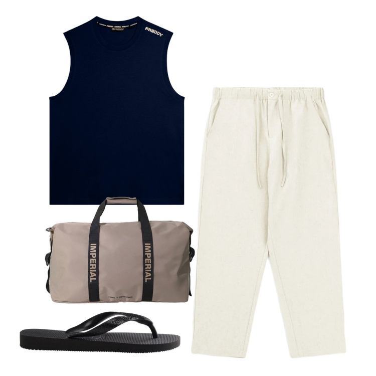 Outfit uomo - Urban Raffinato. Stile Urban per Tutti i giorni. Abbinamento con pantaloni, borse sportive, canottiere, sandali.