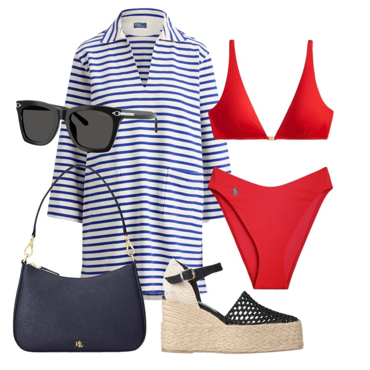 Outfit donna - Giugno. Stile Casual chic per Mare. Abbinamento con espadrillas, borse a spalla, bikini, vestiti corti, occhiali da sole, bikini.