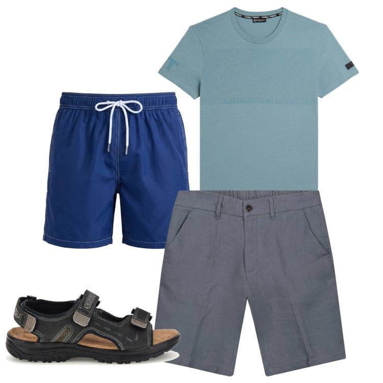Outfit uomo - Toni freddi. Stile Casual per Mare. Abbinamento con costumi, t-shirt, bermuda, sandali.