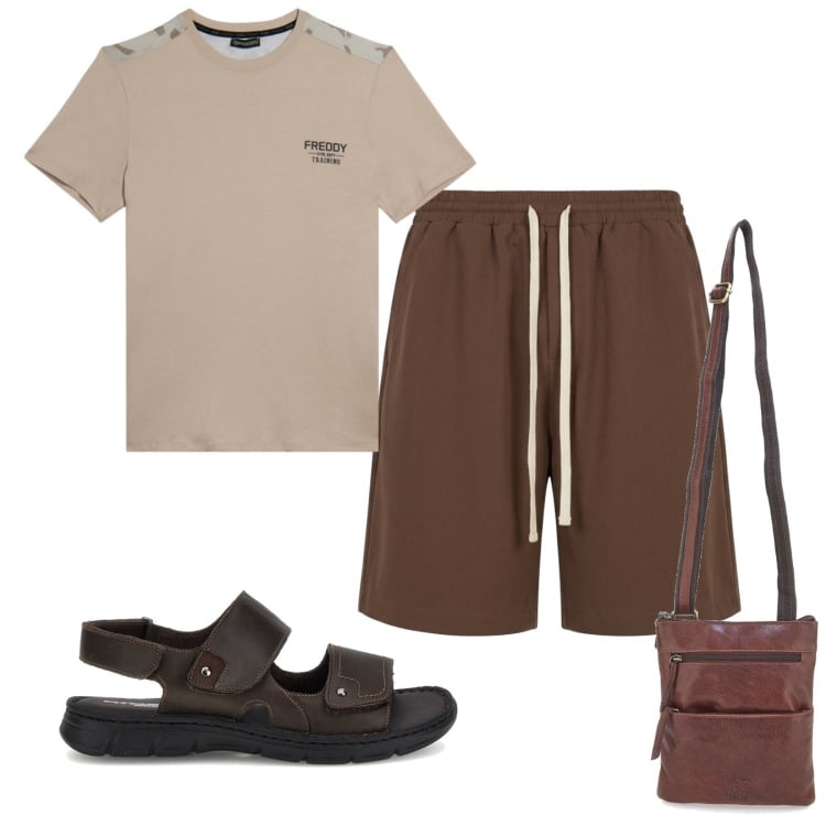 Outfit uomo - Cioccolato. Stile Casual per Tutti i giorni. Abbinamento con pantaloni corti, t-shirt, portafogli, sandali.