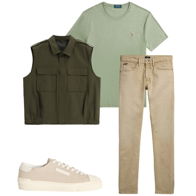 Outfit uomo - Total look #2414864. Stile Trendy per Serata speciale. Abbinamento con gilet, sneakers, t-shirt, jeans.
