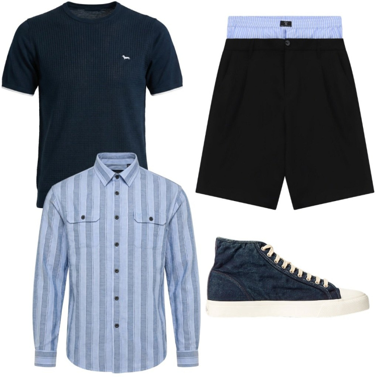 Outfit uomo - G. Porte aperte. Stile Urban per Tutti i giorni. Abbinamento con bermuda, t-shirt, camicie, sneakers.