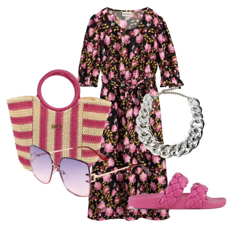 Outfit donna - Total look #2414872. Stile Casual chic per Tutti i giorni. Abbinamento con vestiti midi/longuette, occhiali da sole, collane, ciabatte, borse a mano.