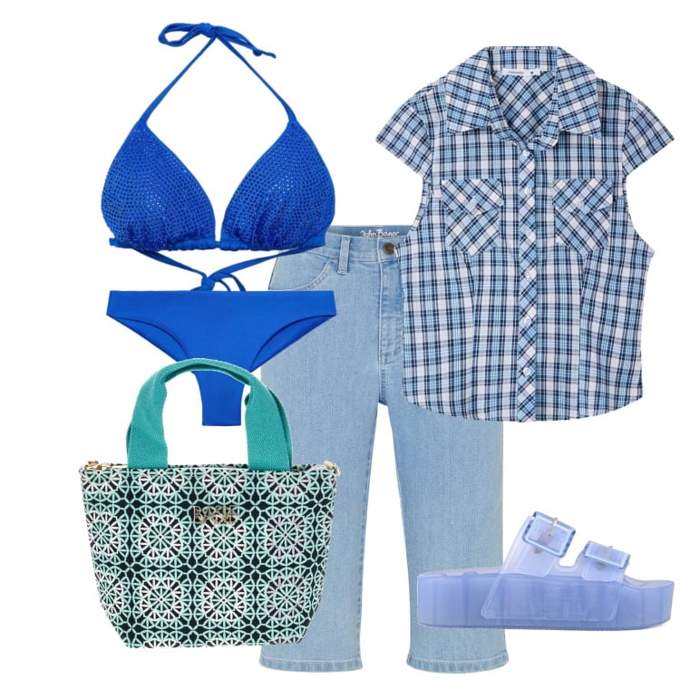 Outfit donna - Total look #2414873. Stile Casual per Mare. Abbinamento con bermuda, camicie a manica corta, bikini, bikini, borse a tracolla, sandali.