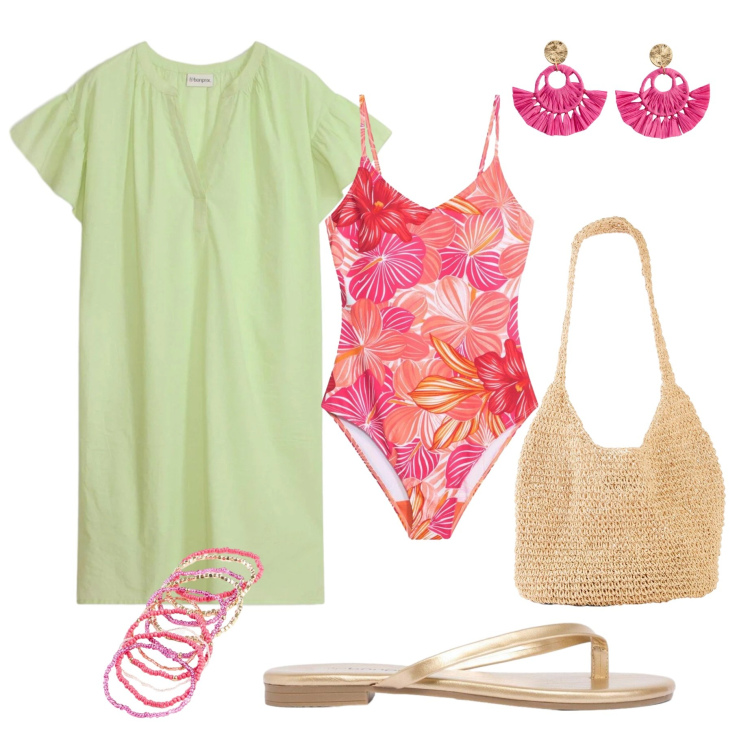Outfit donna - Vacanze sotto il sole. Stile Boho per Mare. Abbinamento con vestiti da spiaggia, costumi interi, shopping bag, sandali, orecchini, braccialetti.
