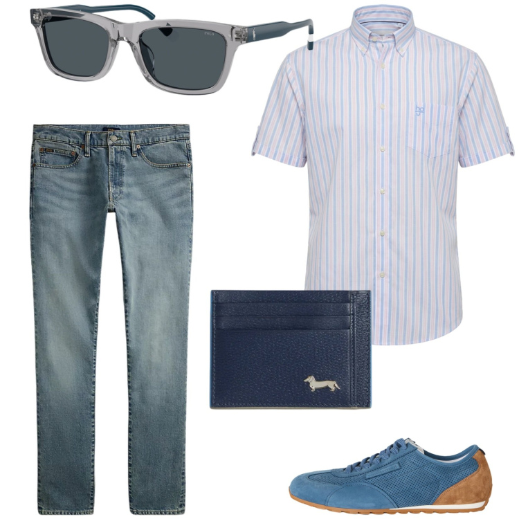 Outfit uomo - Total look #2414875. Stile Trendy per Tutti i giorni. Abbinamento con portafogli, camicie a manica corta, sneakers, jeans, occhiali da sole.