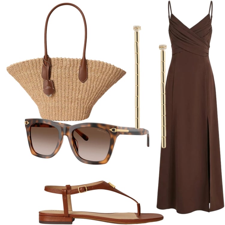 Outfit donna - Abito lungo e sandali bassi. Stile Romantica per Tutti i giorni. Abbinamento con vestiti lunghi, sandali in pelle, borse tote, orecchini, occhiali da sole.