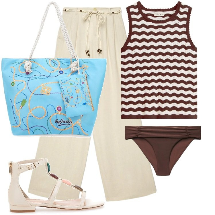 Outfit donna - Total look #2414879. Stile Boho per Mare. Abbinamento con top, pantaloni, bikini, sandali gioiello, shopping bag.
