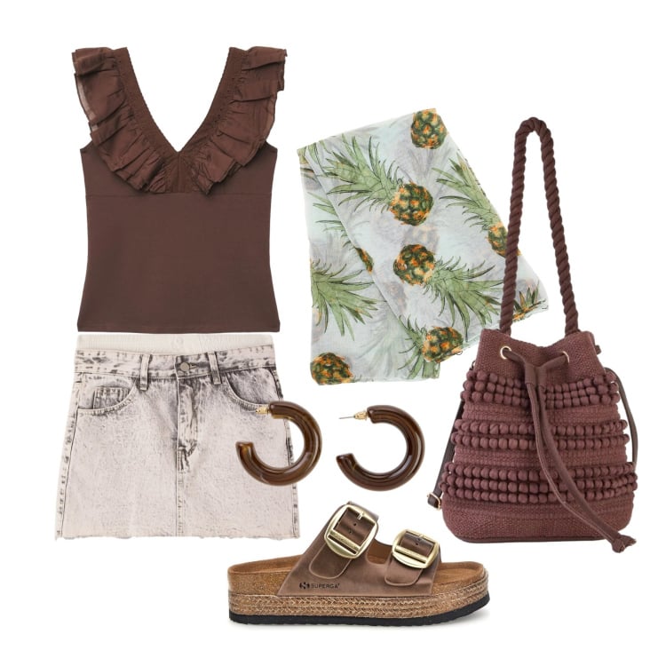 Outfit donna - Giugno. Stile Trendy per Tutti i giorni. Abbinamento con borse a secchiello, orecchini, top, minigonne, ciabatte, foulard.