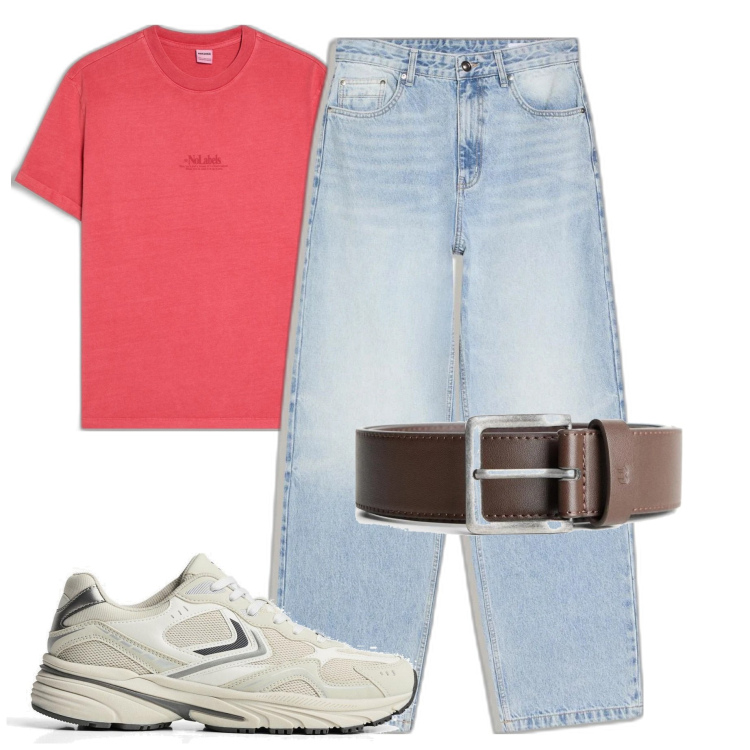 Outfit hombre - Casual #9617. Estilo Casual para Todos los días. Combinación con cinturones, sneakers, vaqueros, camiseta.