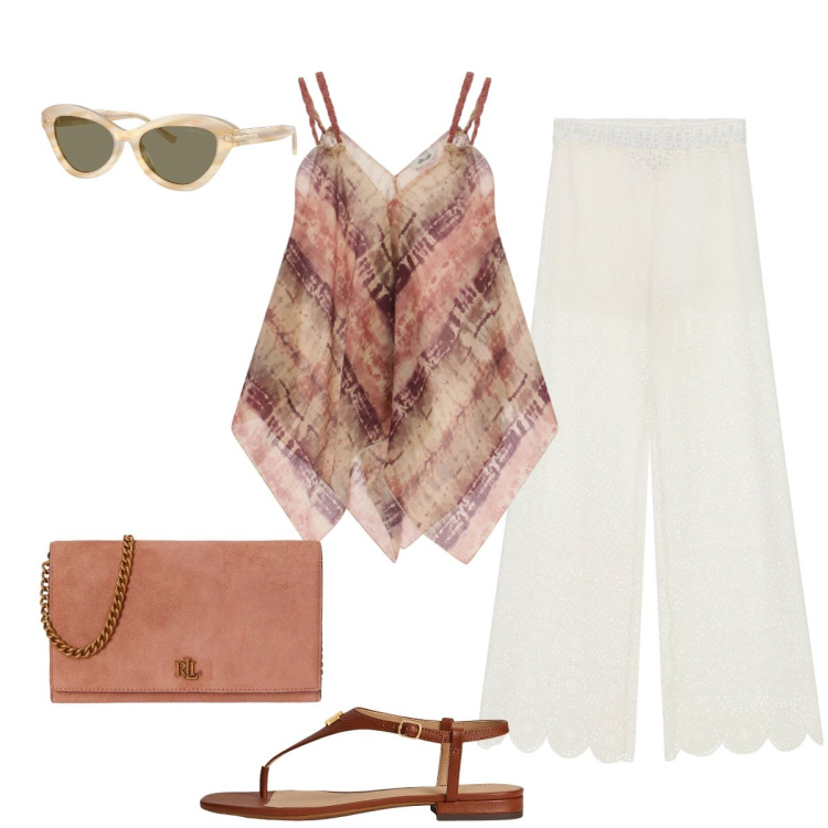 Outfit donna - Infradito: il ritorno degli anni ‘90. Stile Chic per Tutti i giorni. Abbinamento con pantaloni a palazzo, top, sandali in pelle, occhiali da sole, borse a tracolla.