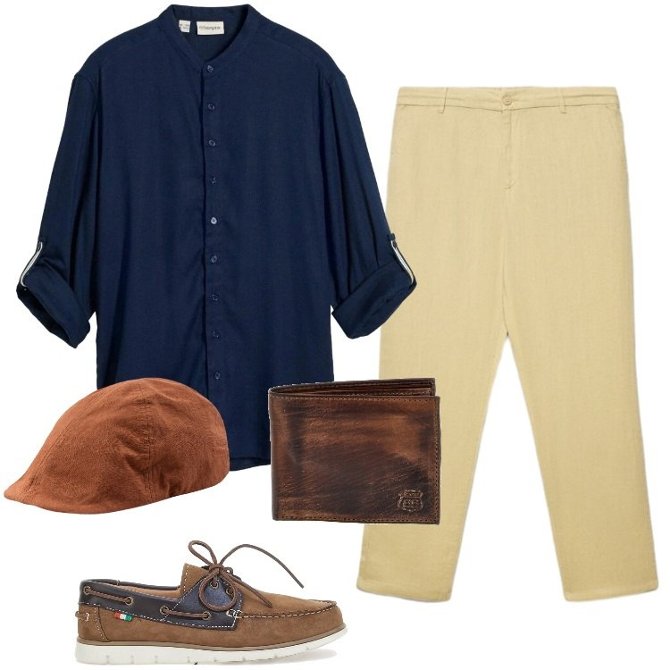 Outfit uomo - Total look #2414886. Stile Trendy per Mare. Abbinamento con camicie, pantaloni, cappelli con visiera, portafogli, scarpe stringate.