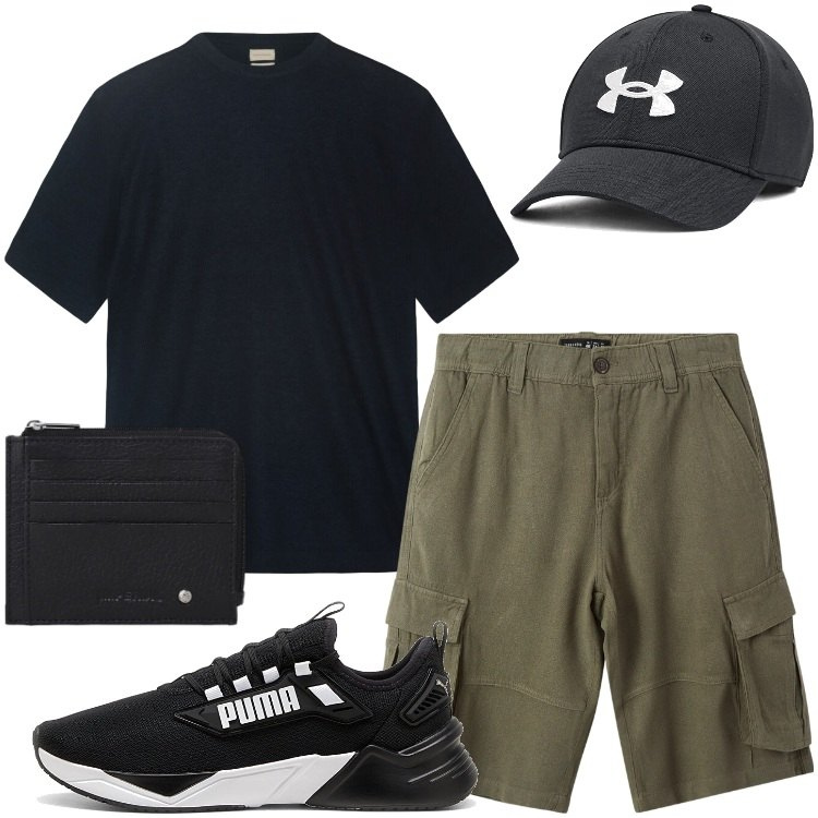 Outfit uomo - Total look #2414887. Stile Urban per Tutti i giorni. Abbinamento con bermuda, portafogli, t-shirt, cappelli, sneakers.