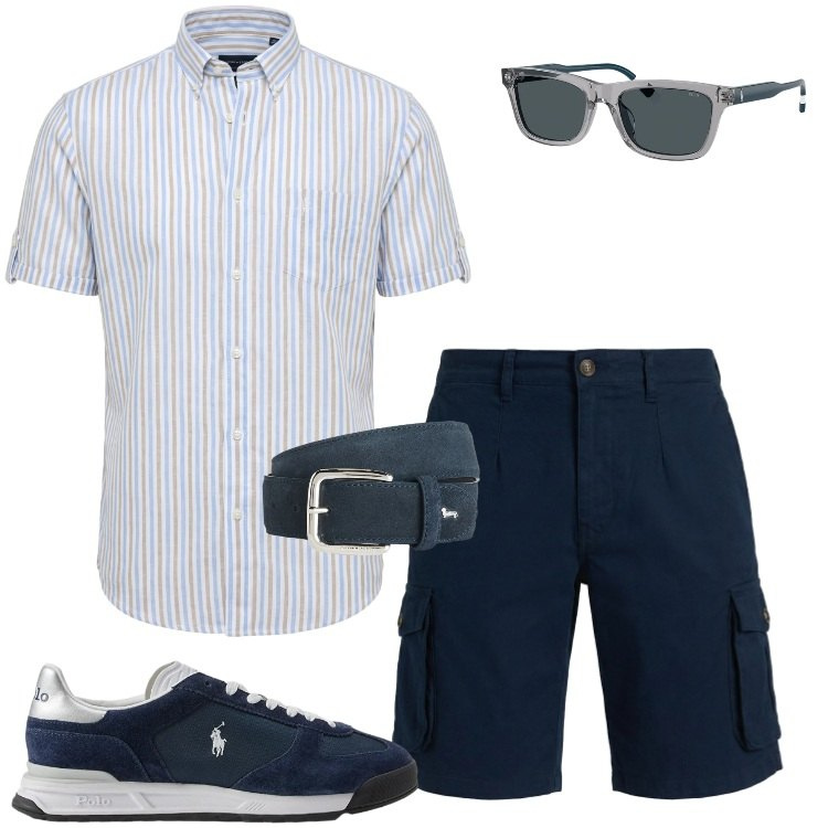 Outfit uomo - Total look #2414889. Stile Casual per Mare. Abbinamento con cinture, camicie a manica corta, bermuda, sneakers, occhiali da sole.