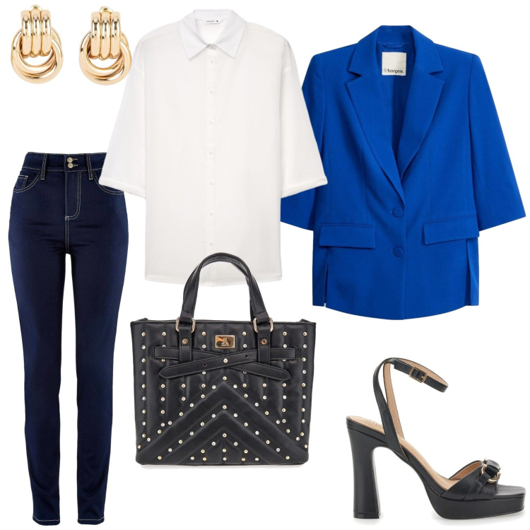 Outfit donna - Un outfit per l\'ufficio in estate. Stile Casual chic per Ufficio. Abbinamento con jeans slim fit, blazer, orecchini, camicie a manica corta, borse a mano, sandali col tacco.