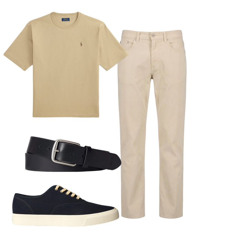 Outfit uomo - Sabbia e nero. Stile Casual per Tutti i giorni. Abbinamento con pantaloni, sneakers, cinture, t-shirt.