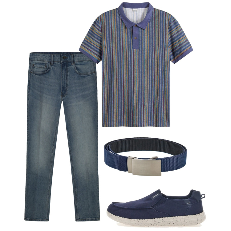 Outfit uomo - Fresco blu. Stile Casual per Tutti i giorni. Abbinamento con polo, jeans, scarpe stringate, cinture.