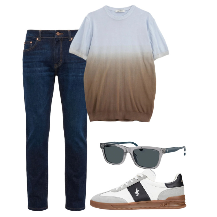 Outfit uomo - Giugno degradè. Stile Casual per Tutti i giorni. Abbinamento con t-shirt, jeans, sneakers, occhiali da sole.