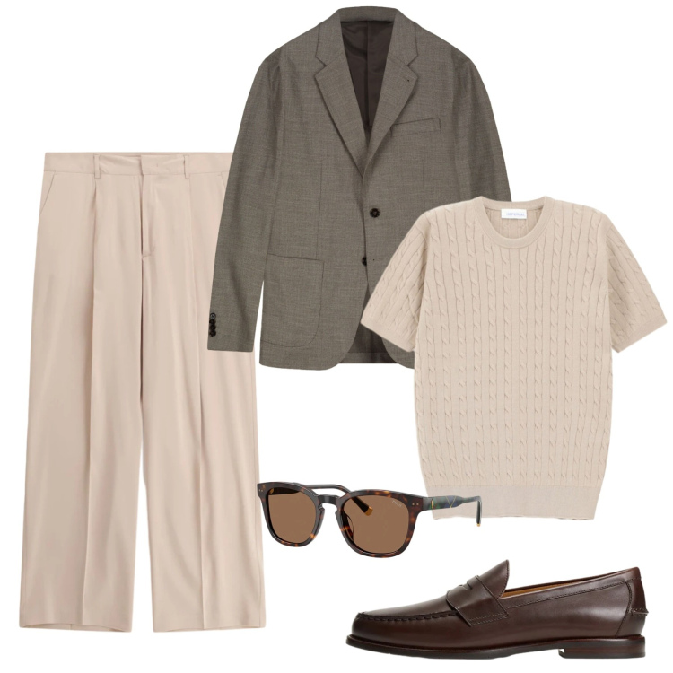 Outfit uomo - Un\'aria distinta. Stile Trendy per Tutti i giorni. Abbinamento con pantaloni, t-shirt, giacche, scarpe stringate, occhiali da sole.