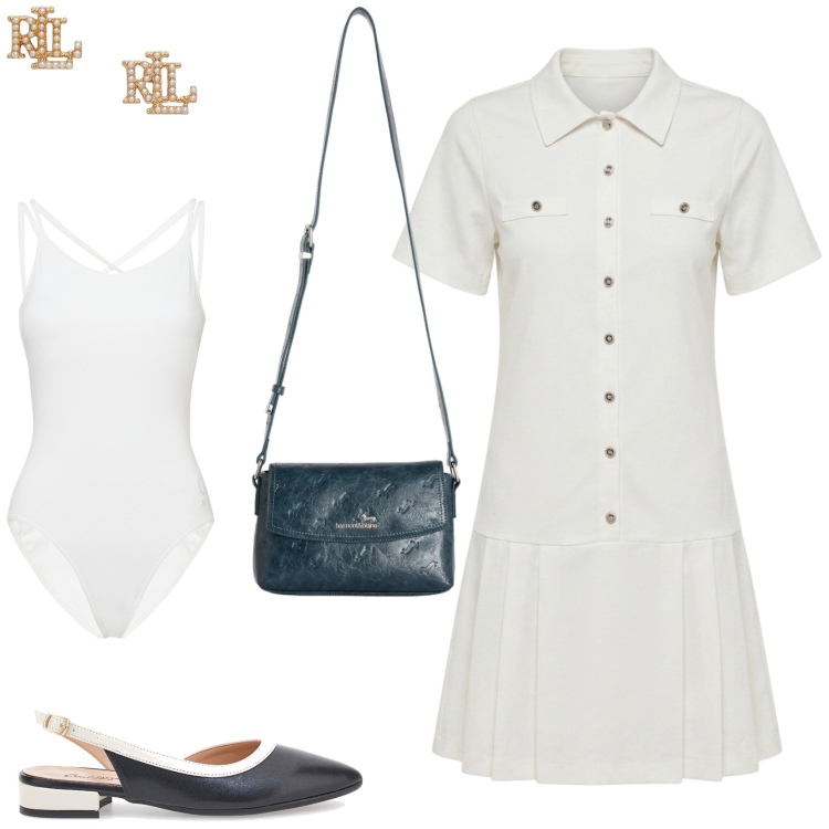 Outfit donna - L\'outfit ispirazione preppy. Stile Preppy per Tutti i giorni. Abbinamento con vestiti chemisier, borse a tracolla, body, orecchini, ballerine.