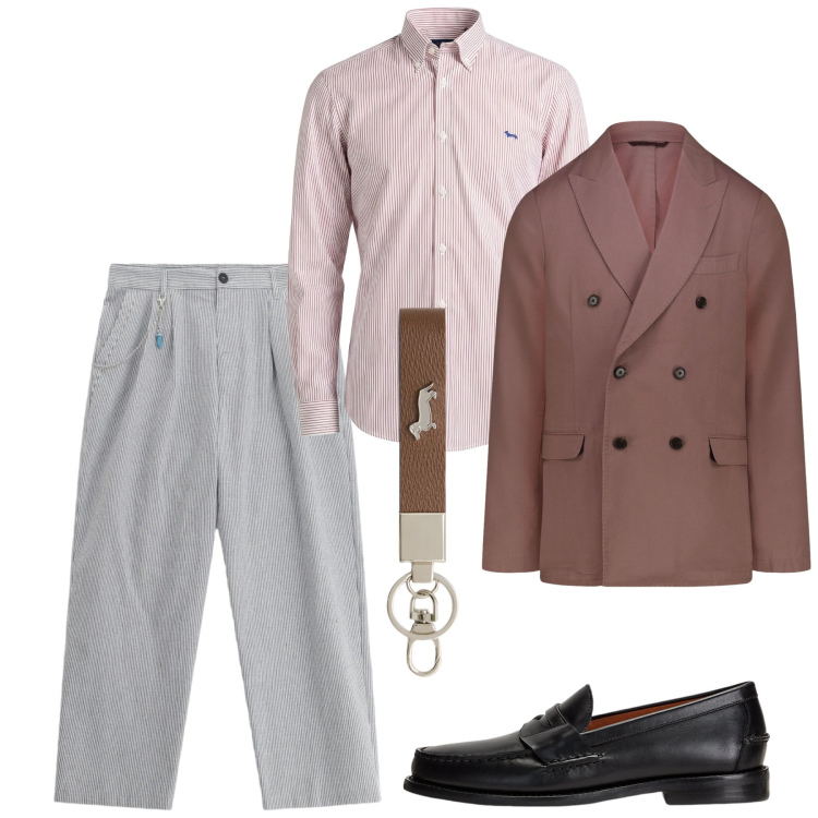 Outfit uomo - A pranzo fuori in doppiopetto. Stile Trendy per Tutti i giorni. Abbinamento con pantaloni, giacche, portachiavi, camicie, scarpe stringate.