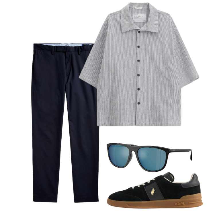 Outfit uomo - Weekend. Stile Casual per Tutti i giorni. Abbinamento con camicie a manica corta, pantaloni chino, sneakers, occhiali da sole.