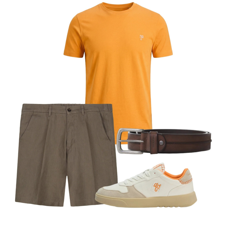 Outfit uomo - Giugno orange. Stile Casual per Tutti i giorni. Abbinamento con cinture, sneakers, t-shirt, bermuda.