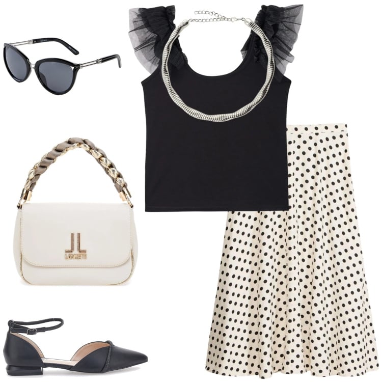 Outfit donna - Lo stile Bon Ton in estate. Stile Bon Ton per Tutti i giorni. Abbinamento con gonne longuette, occhiali da sole, canottiere, collane, borse a tracolla, ballerine.
