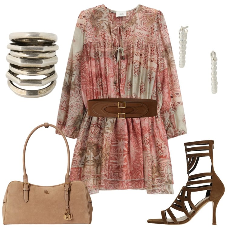 Outfit donna - Partycolor sandali. Stile Boho per Tutti i giorni. Abbinamento con sandali col tacco, vestiti corti, orecchini, borse a mano, anelli, cinture.