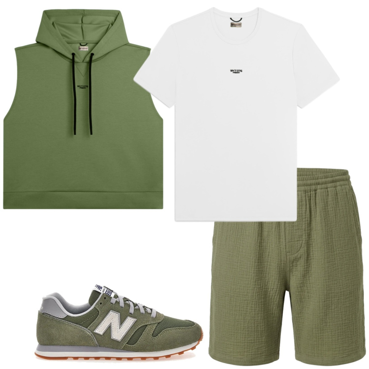 Outfit uomo - Completo per lo sport. Stile Casual per Sport. Abbinamento con pantaloni corti, felpe con cappuccio, t-shirt, sneakers.