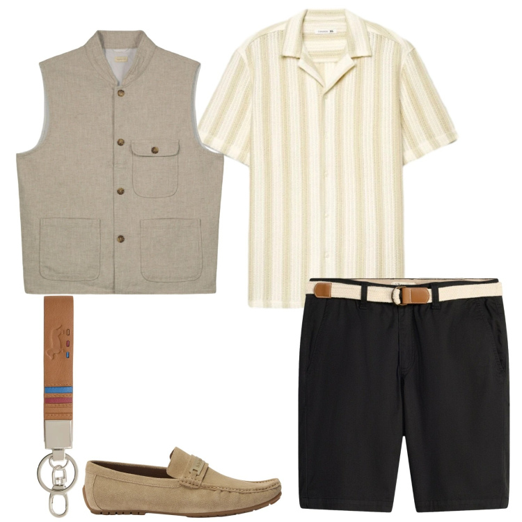 Outfit uomo - Ti passo a prendere. Stile Casual per Tutti i giorni. Abbinamento con bermuda, camicie a manica corta, portachiavi, scarpe stringate, gilet.