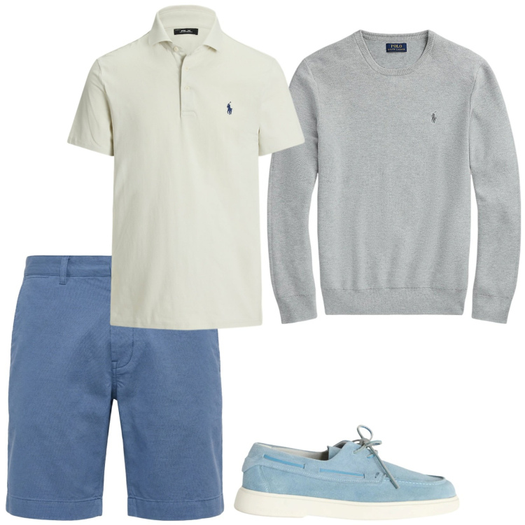Outfit uomo - Il maglioncino leggero. Stile Casual per Tutti i giorni. Abbinamento con scarpe stringate, bermuda, maglieria, polo.