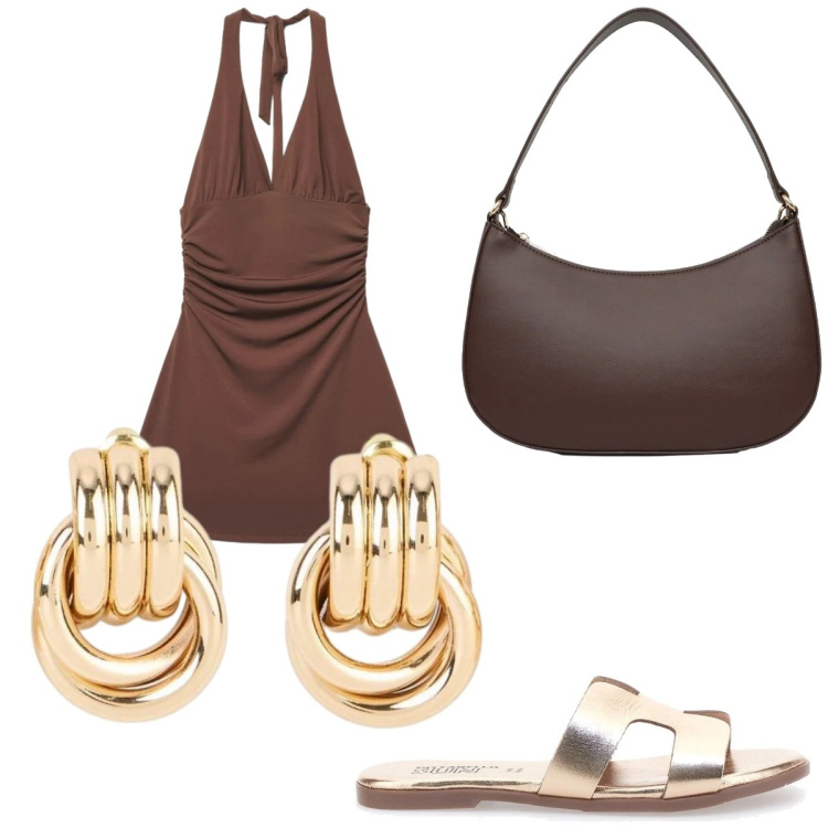 Outfit donna - Marrone. Stile Trendy per Serata fuori. Abbinamento con orecchini, borse a tracolla, vestiti corti, ciabatte.