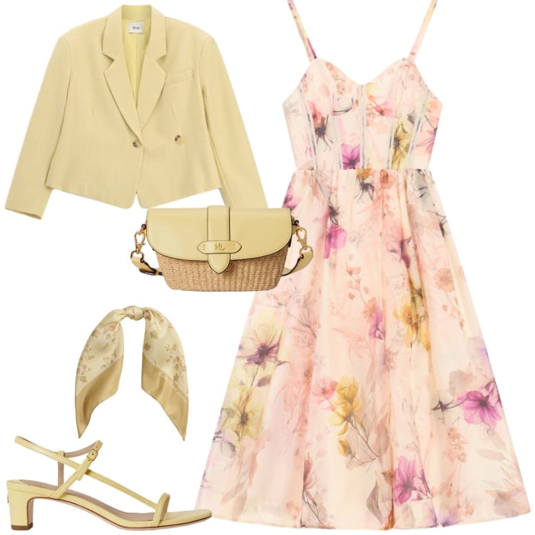 Outfit donna - Romantica chic cerimonia evento. Stile Romantica per Cerimonia. Abbinamento con blazer, vestiti midi/longuette, borse a tracolla, sandali in pelle, foulard.