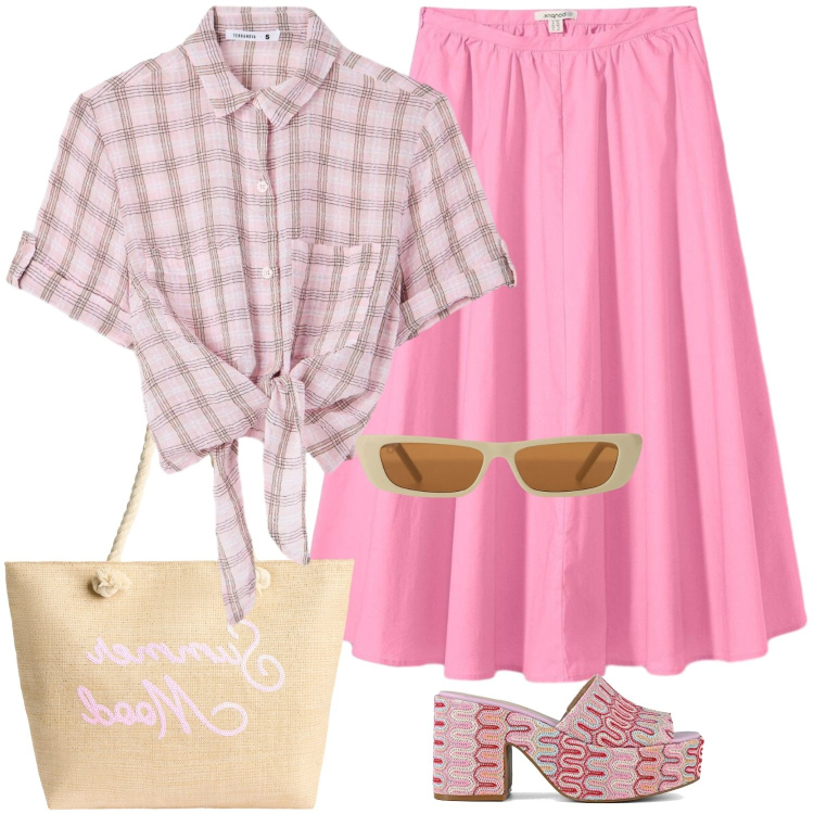 Outfit donna - Prima del tramonto. Stile Vintage retrò per Mare. Abbinamento con gonne longuette, borse tote, camicie a manica corta, occhiali da sole, sabot.
