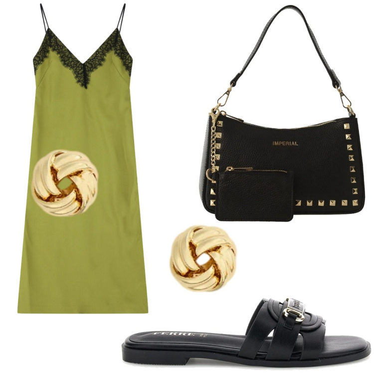 Outfit donna - Vestito sottoveste. Stile Trendy per Serata fuori. Abbinamento con vestiti midi/longuette, borse a spalla, orecchini, ciabatte.