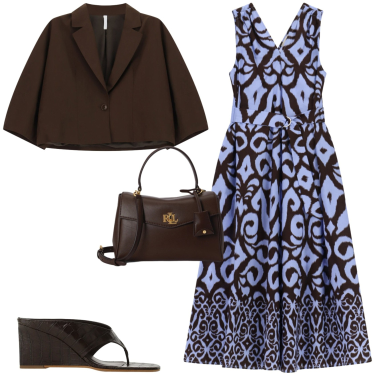 Outfit donna - Etnico chic cioccolato azzurro. Stile Chic per Tutti i giorni. Abbinamento con blazer, vestiti midi/longuette, sandali, borse a mano.