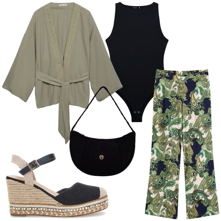 Outfit donna - Total look #2414931. Stile Etnico per Tutti i giorni. Abbinamento con pantaloni, top, kimono, borse a mano, zeppe.