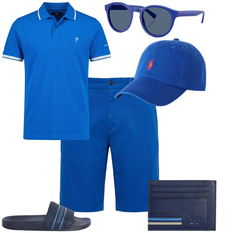 Outfit uomo - Trendy al mare. Stile Trendy per Mare. Abbinamento con sandali, portafogli, bermuda, polo, occhiali da sole, cappelli con visiera.