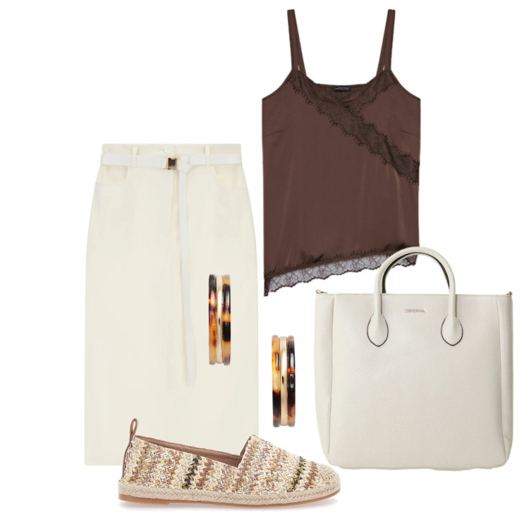 Outfit donna - Giugno. Stile Basic per Tutti i giorni. Abbinamento con gonne longuette, borse a tracolla, top, orecchini, espadrillas.