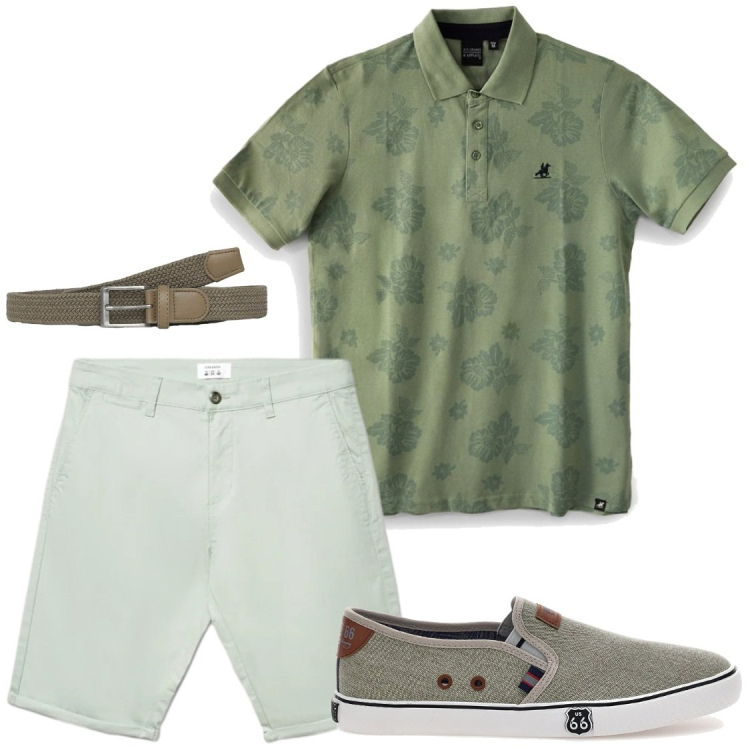 Outfit uomo - Partenza alle 8.00. Stile Casual per Tutti i giorni. Abbinamento con cinture, shorts, scarpe stringate, polo.
