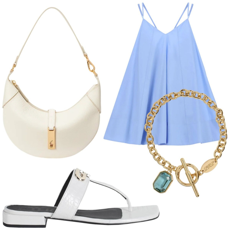 Outfit donna - Vestito azzurro. Stile Chic per Serata fuori. Abbinamento con ciabatte, vestiti corti, borse a spalla, braccialetti.