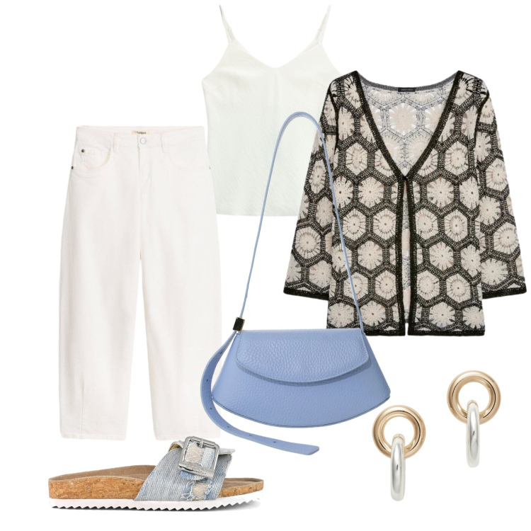 Outfit donna - Giugno. Stile Basic per Tutti i giorni. Abbinamento con pantaloni, canottiere, borse a spalla, cardigans, orecchini, sandali.