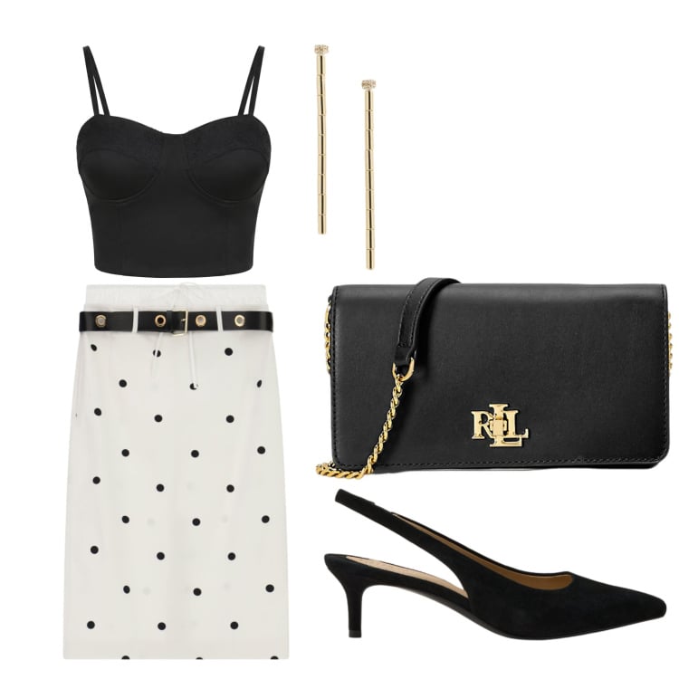 Outfit donna - Party. Stile Chic per Serata fuori. Abbinamento con top, gonne longuette, décolleté, orecchini, borse a mano.