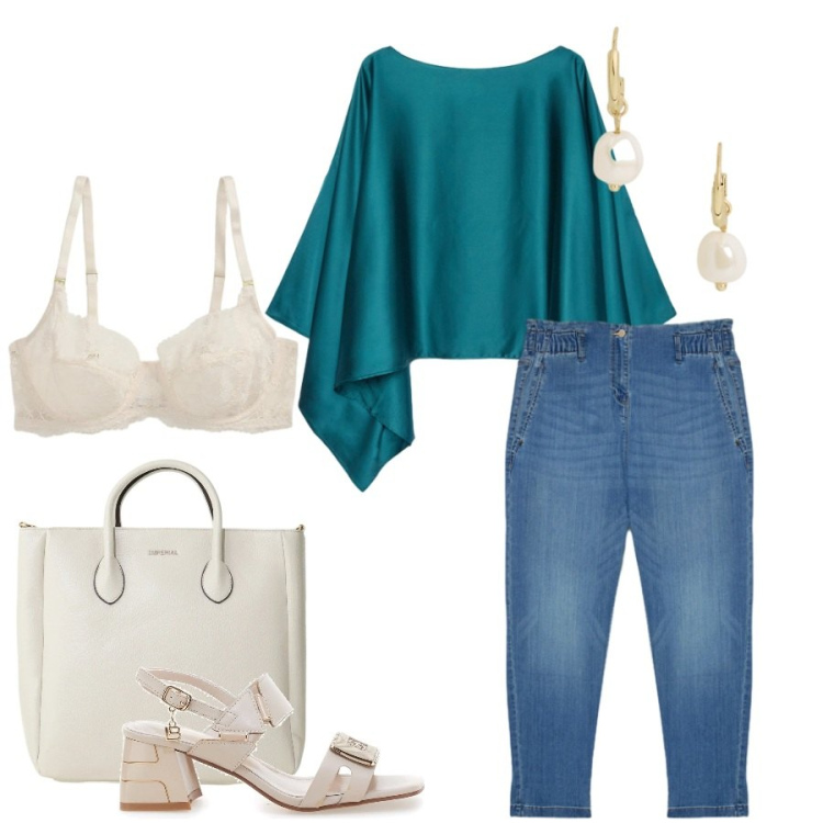 Outfit donna - Total look #2414941. Stile Casual chic per Tutti i giorni. Abbinamento con borse a tracolla, cappe, jeans, reggiseni, orecchini, sandali col tacco.