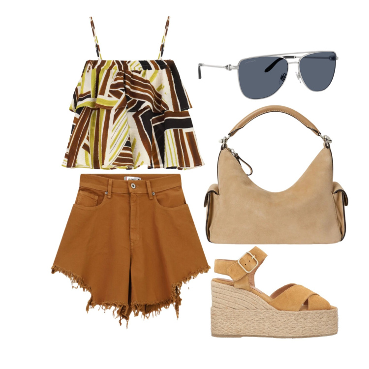 Outfit donna - Giugno. Stile Glamour per Tutti i giorni. Abbinamento con espadrillas, shorts, top, borse a spalla, occhiali da sole.