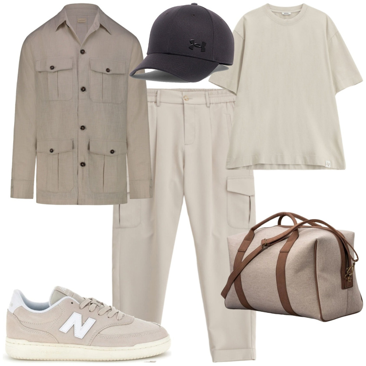 Outfit uomo - Trendy week end al mare. Stile Trendy per Mare. Abbinamento con t-shirt, pantaloni cargo, borse sportive, cappotti, sneakers, cappelli con visiera.